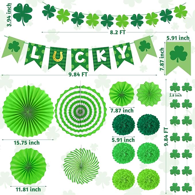 28 PCS St Patricks Day Decorations, Green St Patricks Day Paper Fan Set, Shamrock Decorations with Paper Fans Pompoms, Cards and Swirls, Banner and Garlands, Green Party Decorations for Home