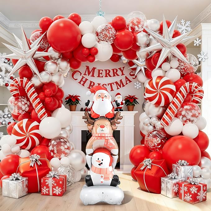 Christmas Balloon Garland Arch kit with Red White Silver Balloons, Confetti Balloons, Candy, Cane, Explosion-Star, Gift Box, santa-claus elk snowman combo Foil Balloons for Xmas Party Decorations