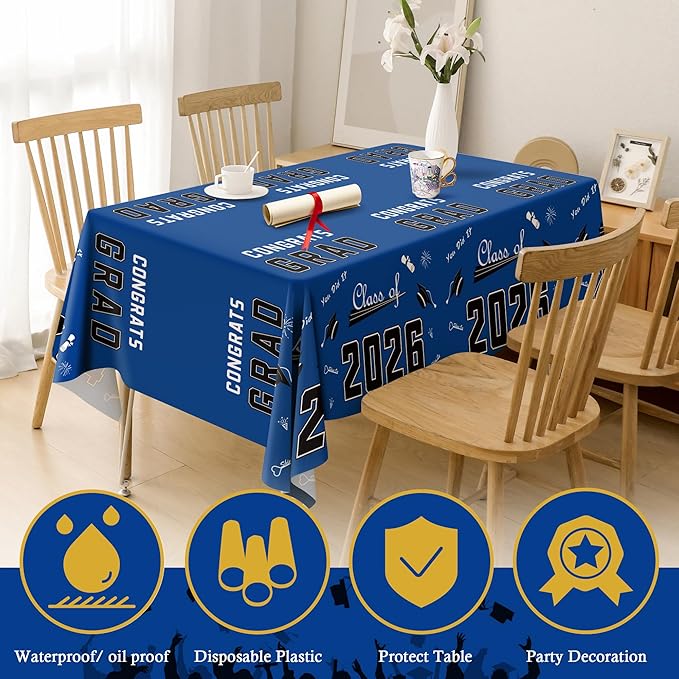 OHOME Graduation Decorations 2026 - Graduation Party Decorations 2026 - Disposable Plastic Blue Tablecloth for Class of 2026 Decorations Party Favors Supplies Banner,54" X 108",2 Pack