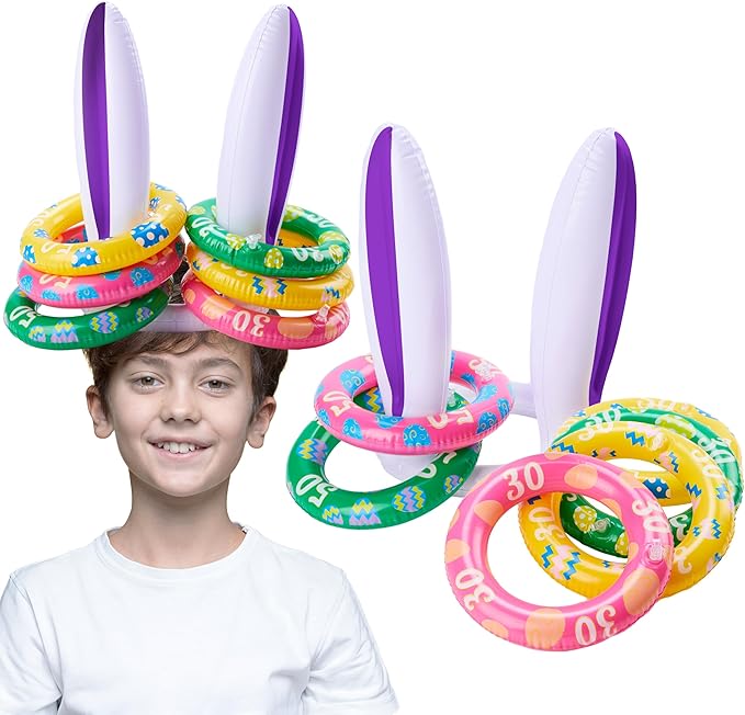 JOYIN Easter Inflatable Bunny Ears Ring Toss Game(2 Set 12 Rings), Inflatable Rabbit Toss Game, Indoor and Outdoor Game for Easter Party Supplies