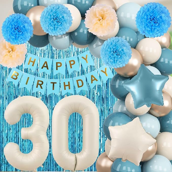 Dusty Blue 30th Birthday Party Decorations for Her Him Beige Cream Number 30 Balloon with Blue Gold Happy Birthday Banner Fringe Curtain Paper Pom Poms Nude White Sand Champagne Star Foil Balloons