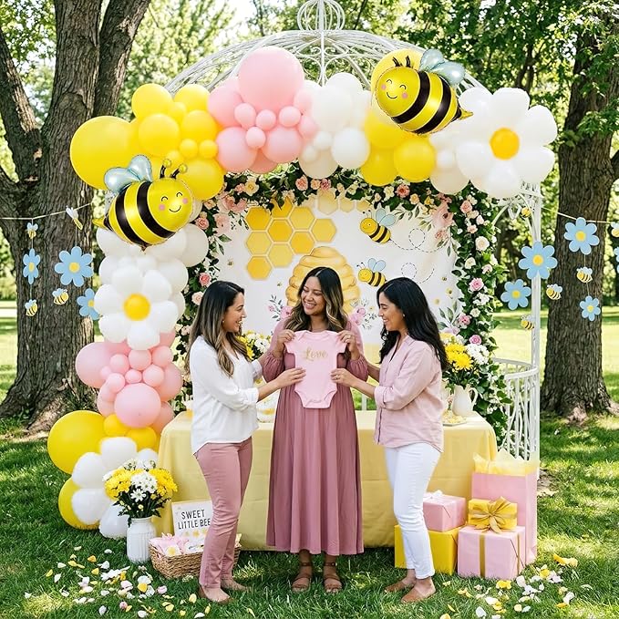 Bee Balloons Garland Arch Kit 134 pcs yellow pestal pink balloon Arch with bee daisy balloons for Baby Shower Lemonade Birthday Honeybee Party Decor