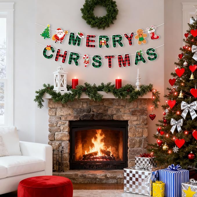 Merry Christmas Banner,Pre-Strung Red Green Buffalo Plaid Christmas Banner, Gingerbread Xmas Tree Garland Sign for Christmas Party Decorations,Indoor,Home, Office,Fireplace,Wall,Windows,Holiday Decor