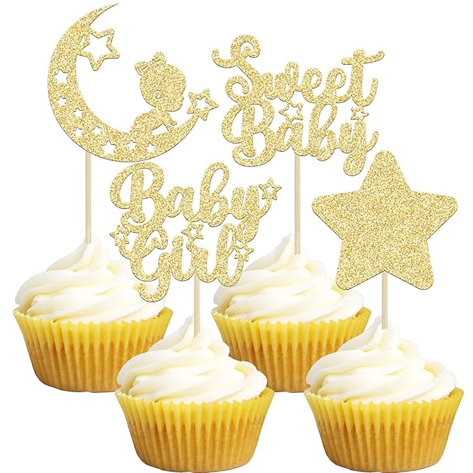 Gyufise 24Pcs Gold Glitter Baby Girl Cupcake Toppers Star Moon Sweet Baby Shower Cupcake Picks Decorations Baby Shower Girls Birthday Party Decorations Supplies