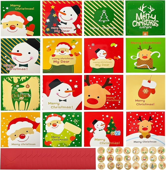 16 Christmas card categories, holiday cuteness multiple loose cards with envelopes and written blessing messages, can be given to friends, family, children, boys and girls (honglvse)
