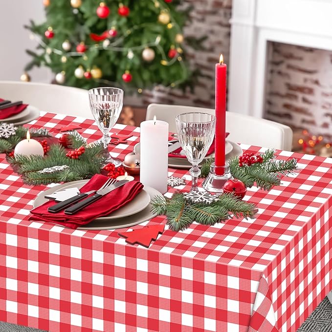 WNINK 4 Pack Red Gingham Tablecloth Rectangular Red and White Checkered Tablecloths Disposable Plastic Red Plaid Table Cover for Parties, Christmas, Outdoor Picnic, Birthday, Wedding, Camping 54 × 108