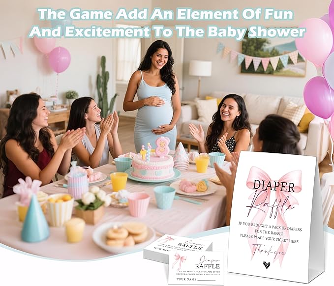 Pink Bow Baby Shower Diaper Raffle, Baby Shower Game, Include One 5×7 Sign and 50 Diaper Raffle Tickets, Pink Coquette Bow Gender Reveal Party Decoration Supplies - FG17