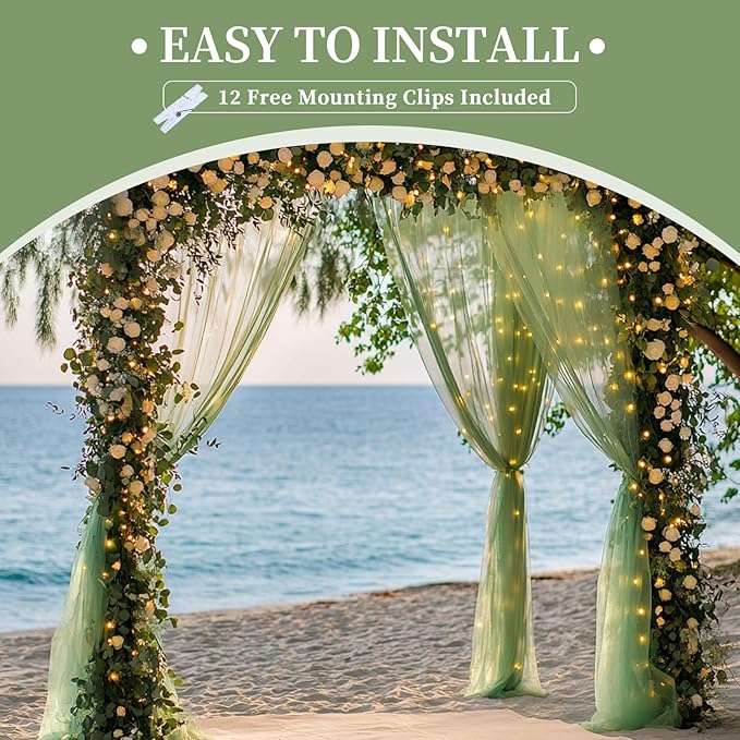 10x10ft Sage Green Tulle Backdrop Curtain with String Lights, Wrinkle-Free Sheer Wedding Backdrop for Birthday Parties, Baby Showers, Bridal Showers, Photo Shoots and Home Decor, Sage Green