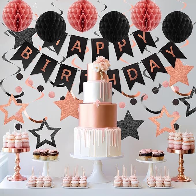 meowtastic Birthday Decorations, Happy Birthday Banner with Honeycomb Balls, Star Hanging Swirl Streamers, Circle Dot Garland, Happy Birthday Party Decoration for Women Men Boy Girls (Rose Gold&Black)