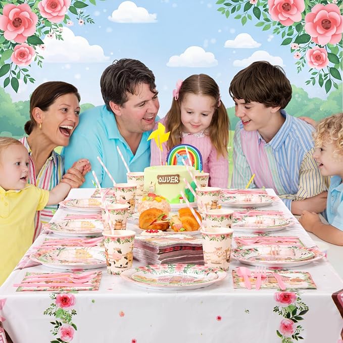 Ceenna 452 Pcs Pink Farm Animal Birthday Party Decoration for 50 Guest, Pink Farm Barnyard Paper Plates Napkins Cups Tablecloth Cutlery Straw for Baa Moo Im Two Birthday Baby Shower Party Supply