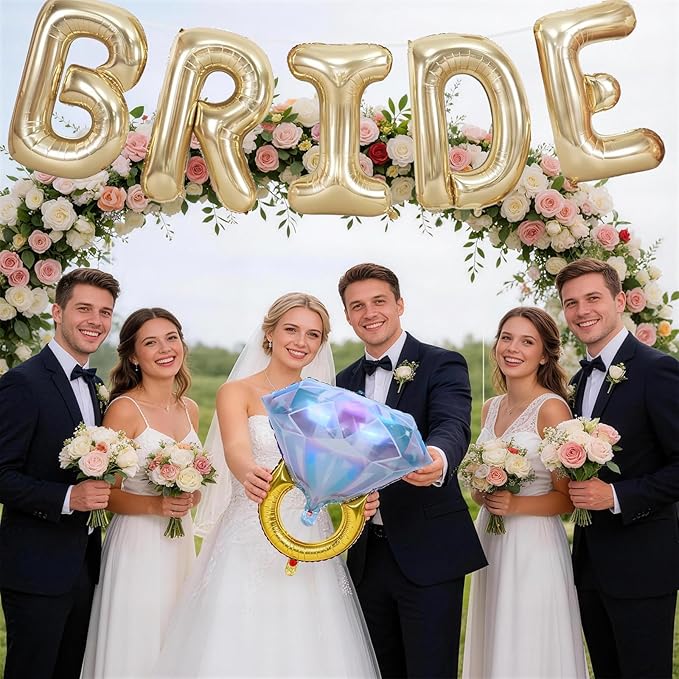 40inch Gold Bride Balloons Bachelorette, Bride To Be Bridal Shower Balloon Diamond Ring Champagne Glass Foil Balloons for Bachelorette Bridal Shower Engagement Wedding Hen Night Room Party Decorations