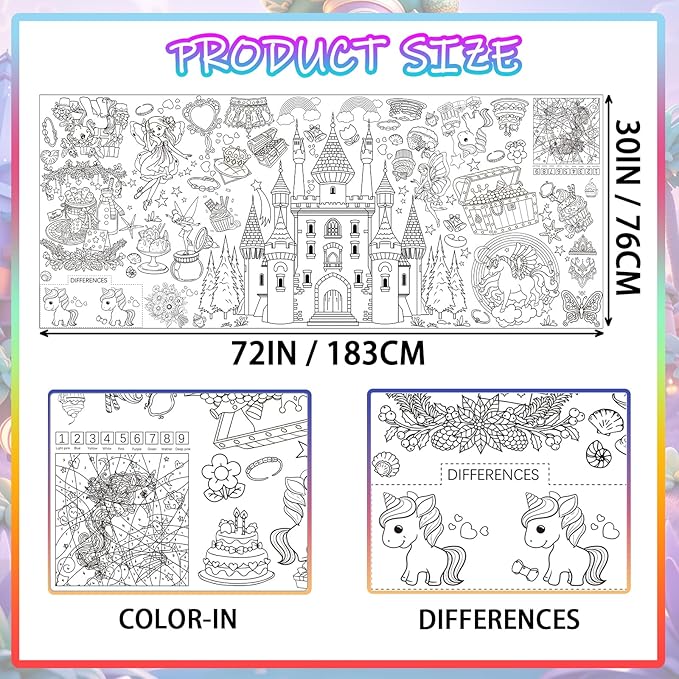 Princess Party Giant Coloring Poster,30x72 Inch Drawing Paper oloring Table Cloth,DIY Princess Activity Tablecloth Magical Castle for Kids Birthday Themed Wall Home Classroom Party Suppiles