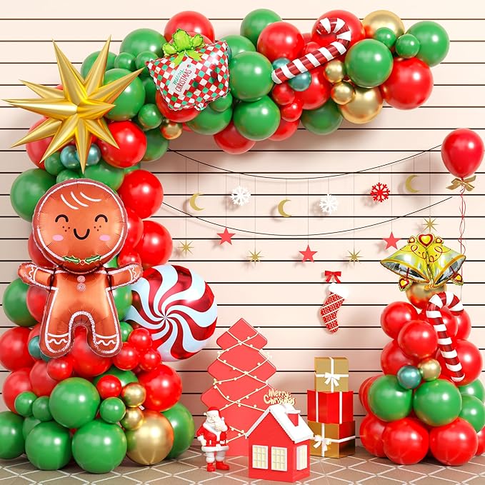 Christmas Balloon Garland Arch Kit, Red Green Gold Balloons with Bell Candy Cane Gingerbread Man Gold Explosion Star Foil Balloons for Christmas Party Decorations New Year Celebration