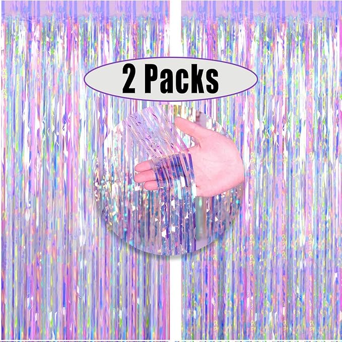 FECEDY 2pcs 3ft x 8.3ft Shiny Corlorful Metallic Tinsel Foil Fringe Curtains Photo Booth Props for Engagement Bridal Shower Bachelorette Baby Shower Bachelorette Holiday Celebration Party Decorations