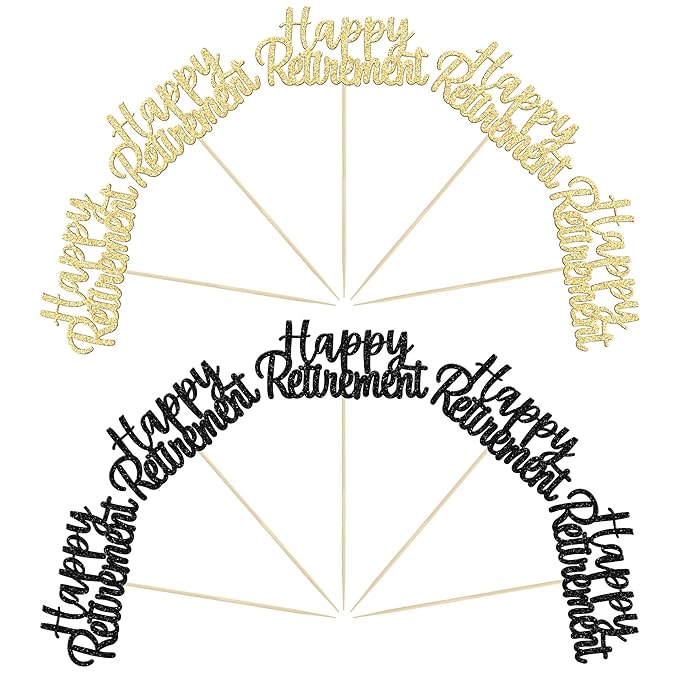 Gyufise Multicolor Glitter Happy Retirement Cupcake Toppers Retired Cake Decorations for Retirement Party Cake Decorations 36 Pack Black and Gold