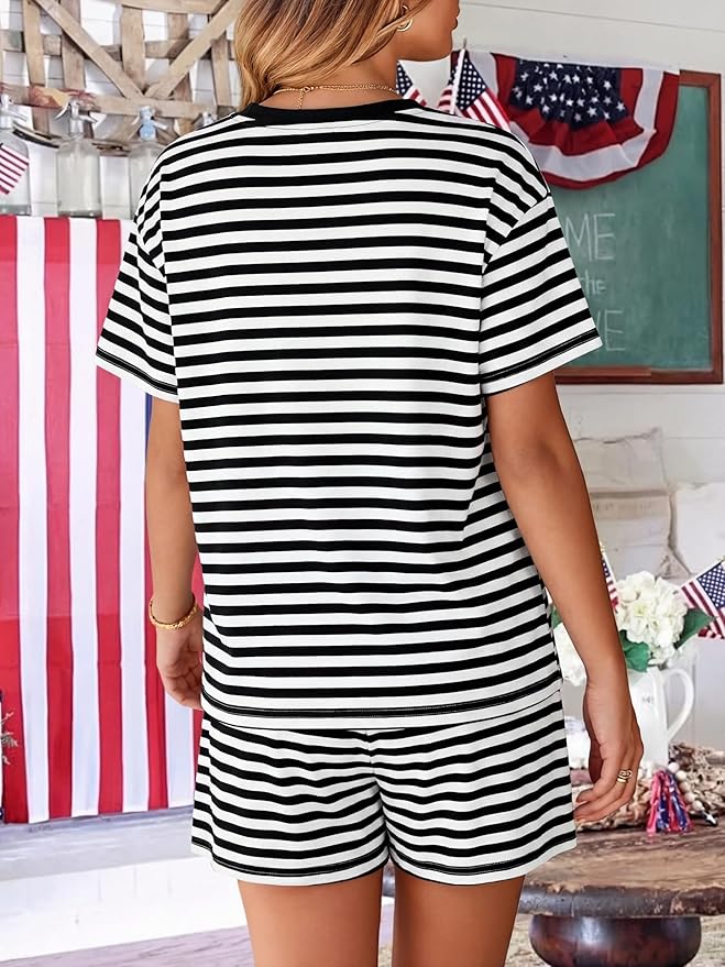 VILOVE 4th of July 2 Piece Sequin Outfits Women 250 Anniversary Usa Shirts and Short Sets Casual Patriotic Shirt Summer Set