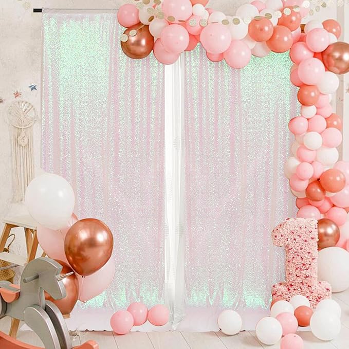 PartyDelight Iridescent White Sequin Backdrop 5x10ft 2 Panels - High Density 3mm Shimmer Sequin Background with 4-Inch Rod Pocket, Sparkly Photography Curtain for Wedding, Stage & Event Decor