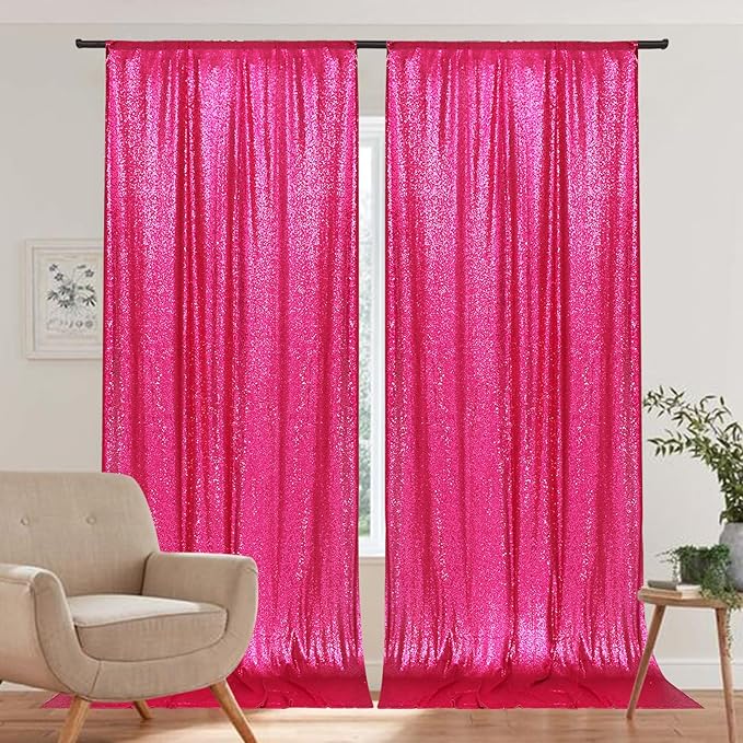 PartyDelight Hot Pink Sequin Backdrop 5x10ft 2 Panels - High Density 3mm Shimmer Sequin Background with 4-Inch Rod Pocket, Sparkly Photography Curtain for Wedding, Stage & Event Decor