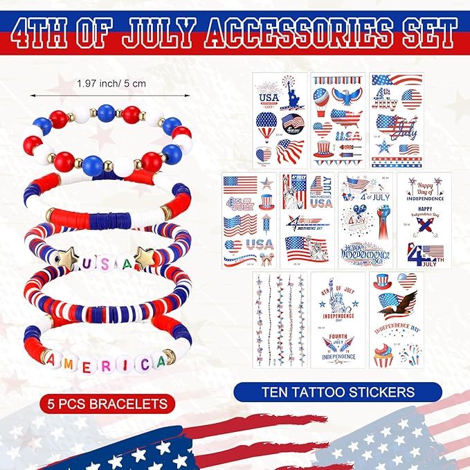 20 Pcs 4th of July Party Favors Accessories Include 1 Pc Headband, 3 Pcs Red White Blue Beaded Necklaces, 1 Sunglasses, 5 Pcs Bracelets, and 10 Stickers for Independence Day Memorial Day Celebrations