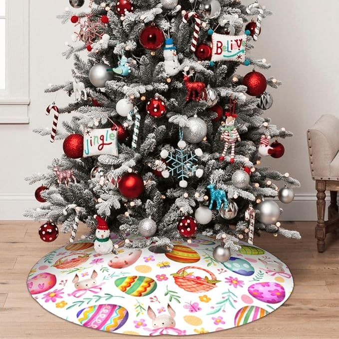 Easter Eggs Bunny Tree Skirt Xmas Tree Mat Christmas Tree Ornaments Decorations Holiday Party Indoor Outdoor 30"