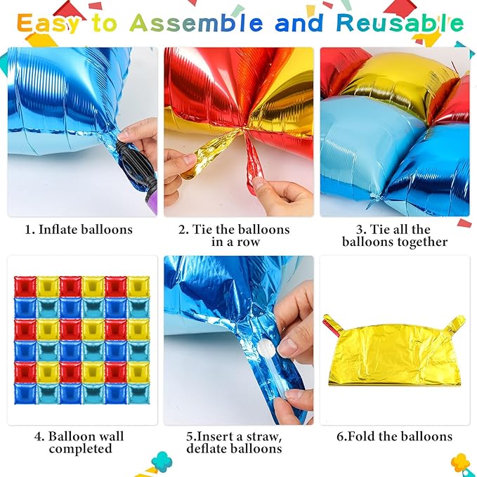 36 Pcs Gold Ring Birthday Decorations Balloons Brick Square Foil Balloon Wall Backdrop Arch Kit Double Sided Metallic for Cartoon Video Game Party Supplies(Red Yellow Blue)
