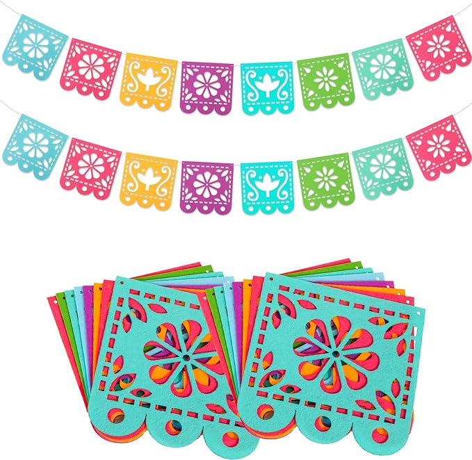 2 Mexican Fiesta Party Decorations Banners, Felt Cinco de Mayo Decorations Banner, Day of The Dead Decor Papel Picado Banner, Dia De Los Muertos Garlands, Fiesta Birthday Baby Shower Flags