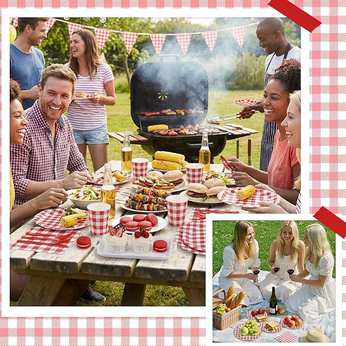 175 Pcs Gingham Party Supplies Include Red Gingham Plates and Napkins Cups Plastic Cutlery Disposable Red Checkered Plates Set for Picnic, Pizza, Bbq, Hot Dog Party Decorations