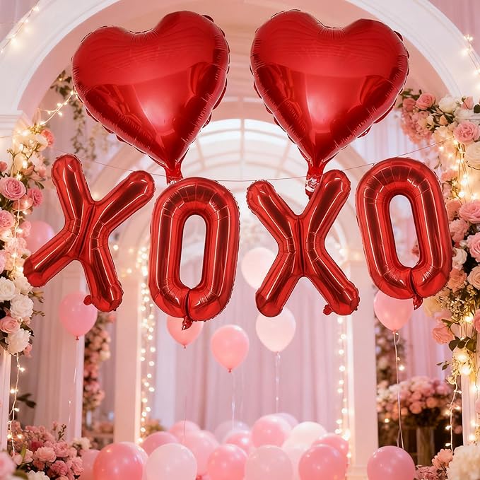 Valentines Day Balloons Decorations Red 6 Pcs 16 Inch - "XOXO" Letter + 2 Heart Balloons with Tape Straws Ribbonfor Romantic Wedding Indoor Valentines Day Decor Party Supplies