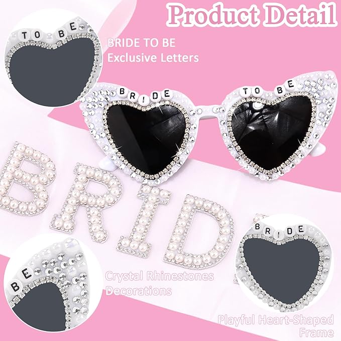Bride to Be Sunglasses & Bride Sash Set - White Satin Sash with Rhinestone Lettering & Pearl-Embellished Sunglasses for Bachelorette Party, Bridal Shower & Wedding Celebrations