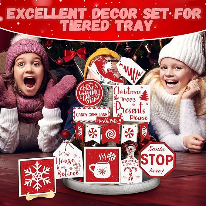 15 Pcs Christmas Tiered Tray Decor Rustic Christmas Decorations Candy Hot Cocoa Snowflake Wood Sign Xmas Tiered Tray Winter Farmhouse Rustic Table Decor for New Year Home Shelf Tabletop
