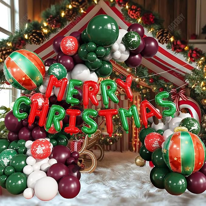Merry Christmas Balloons Garland Arch Kit 115pcs Red Dark Green Balloons Deer Christmas Tree Print Balloons Ball Letters Foil Balloon for Merry Christmas Xmas New Year Friendsmas Birthday Party Decor