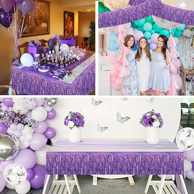 BEISHIDA 3 Packs Metallic Foil Fringe Garland Laser Light Purple Wall Hanging Tinsel Fringe Banners for Car Floats Bridal Shower Wedding Birthday Easter Graduation Holiday Party Decoration(30 Feet)