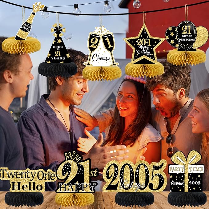 9Pcs Black Gold 21st Birthday Decorations Honeycomb Centerpieces for Girls,Happy 21st Birthday Centerpieces Tables Toppers Party Decorations Supplies,Vintage 2005 Aged Table Sign Decor