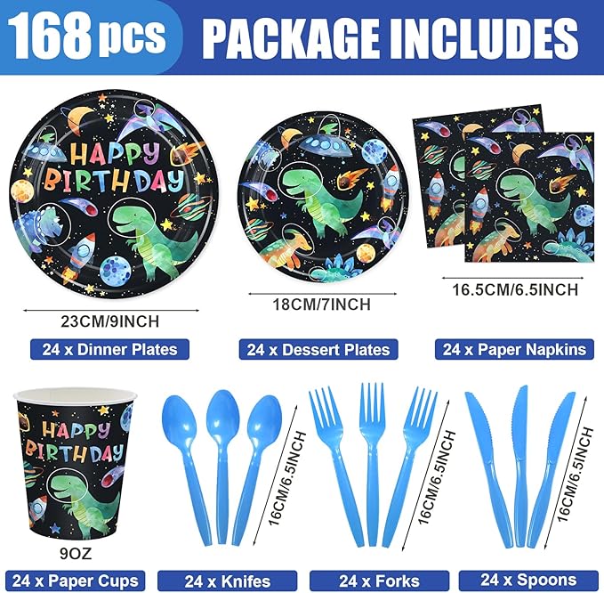 168PCS Dinosaur Party Supllies for Boys Cartoon Dino Birthday Party Decorations with Space Astronauts Planet,Dinosaurs Plates Cups Napkins Tableware -24 Guests