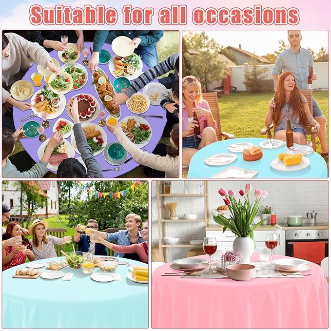 MASHAN 12Pack 84 Inch Round Pastel Color Tablecloths,Plastic Pastel Rainbow Tablecloth Disposable Round Table Covers for Baby Shower, Easter,Wedding, Birthday and Ice Cream Party Decoration,6Color