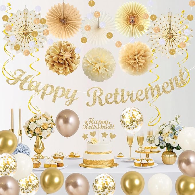 Vlipoeasn Retirement Decorations for Men Women, Champagne Gold Official Retired, Happy Retirement Banner Swirls Party Supplies Retired Farewell Party Set Work Graduation Party Decorations