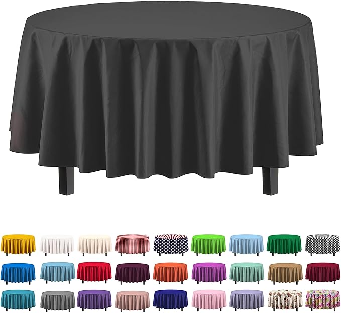 Exquisite 12-Pack Premium Plastic Tablecloth 84in. Round Table Cover - Black
