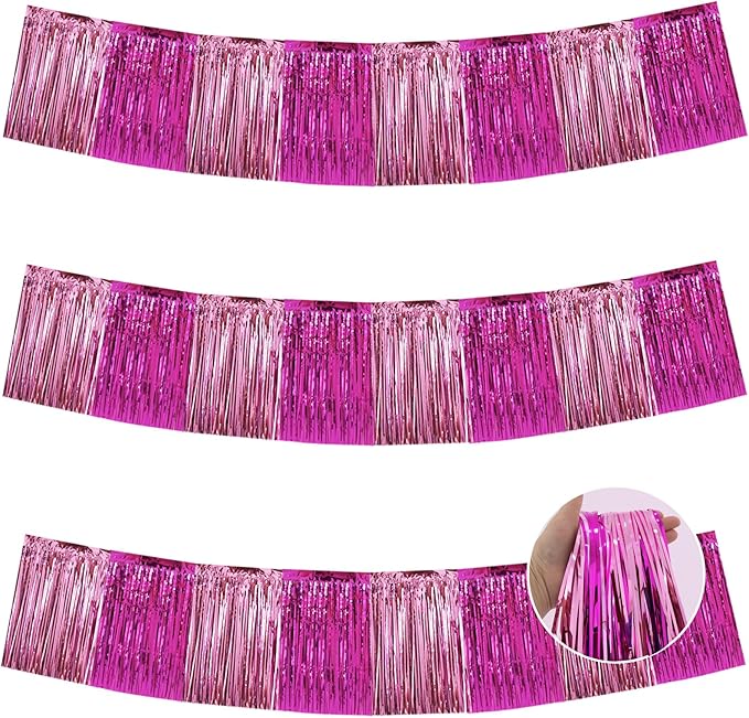 BEISHIDA 3 Packs Metallic Foil Fringe Garland Pink Mix Wall Hanging Tinsel Fringe Banners for Car Floats Birthday Baby Bridal Shower Wedding Graduation Holiday Party Decoration(30 Feet)