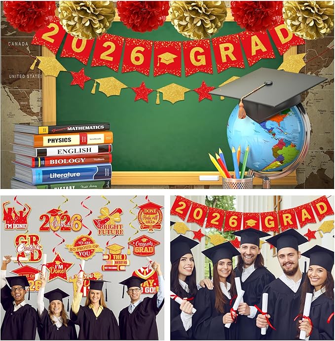 Red and Gold Graduation Decorations, 2026 Grad Banner and Congrats Grad Hanging Swirls, Red and Gold Graduation Banner Graduations Hanging Swirls College Graduations Party Decorations Class of 2026