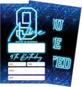 SIXEIGHT Blue 9th Birthday Party Invitations for Kids, Glow Neon 9th Birthday Invitations for Boys Girls, 20 Pack Blue Invites with Envelopes, Glow Neon Party Decorations Supplies, 4"x6"-C09