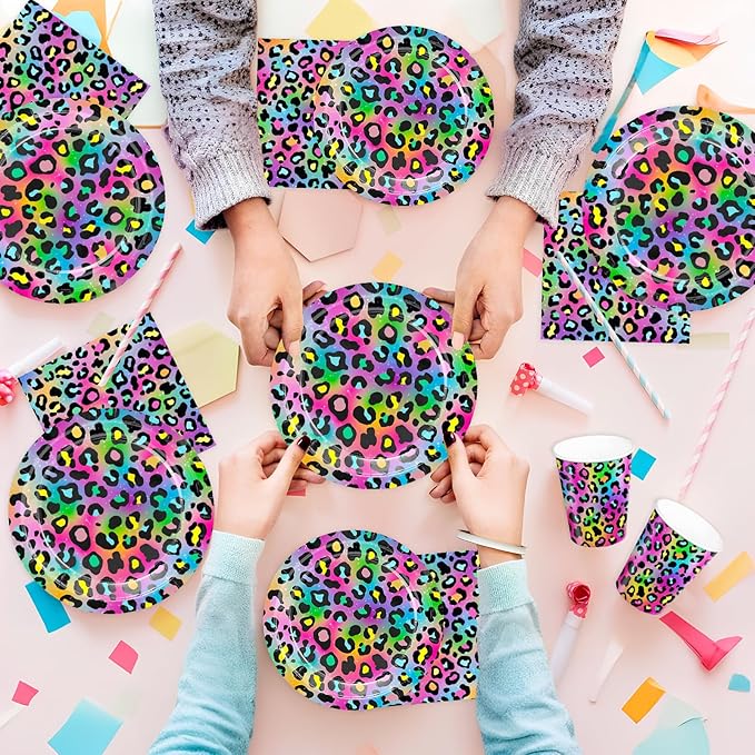 120pcs Neon Rainbow Leopard Birthday Party Supplies Paper Plates Napkins Cheetah Girl's Sparkly Splatter Paper Tableware Set Disposable Cups Pink Forks 24 Guests