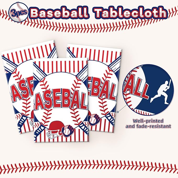 3pcs Baseball Tablecloth - Table Cover & Party Decorations - Disposable Plastic Tablecloth - Rectangle for Baseball Games & Sports Birthday Decorations