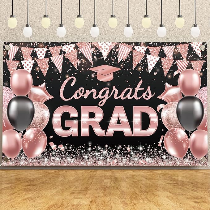 Ecomore 2026 Graduation Decorations - 245 PCS Grad Disposable Dinnerware(Serve 25) & Graduation Party Supplies With Congrats Paper Plate Cup Napkin Tablecloth Backdrop Balloon - Black Pink Rose Gold