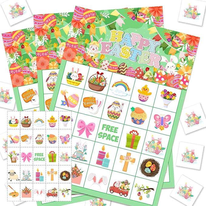 JGCWorker Easter Day Bingo Game Set - Fun Party Supplies for Kids and Adults, 24 Players, Colorful Spring Themed Bingo Craft Cards for School Classroom, Family Activities Party Favors for Kids Adults