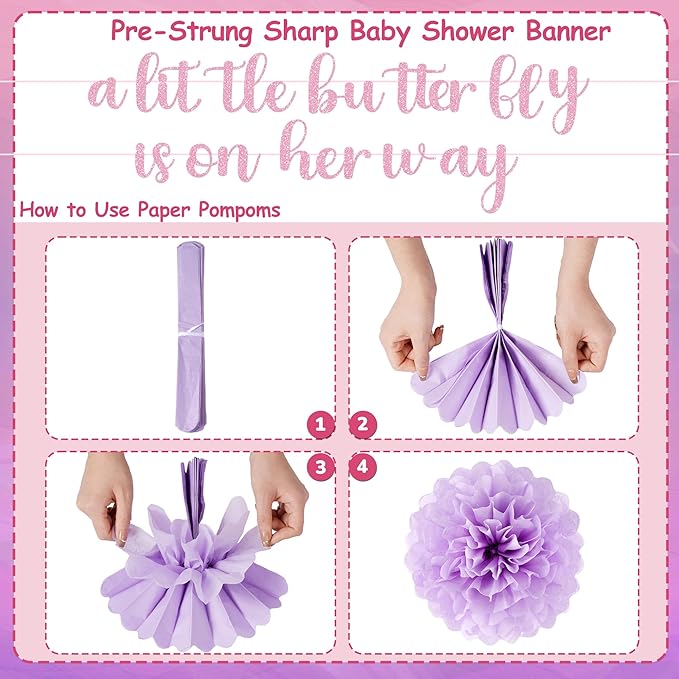 Kriyokiaa Butterfly Baby Shower Decorations for Girls 16 Pcs Baby Girl Shower Decorations with Butterfly Banners, Paper Pom Poms, Lantern, Fans Perfect for Indoor & Outdoor Celebrations