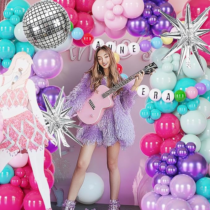 178pcs Pink Purple Blue Balloon Garland Disco Ball Custom Bracelet Banner Kits For Teenage Party Decorations Music Fans Princess Themed Photo Backdrop Birthday,Bachelorette Party