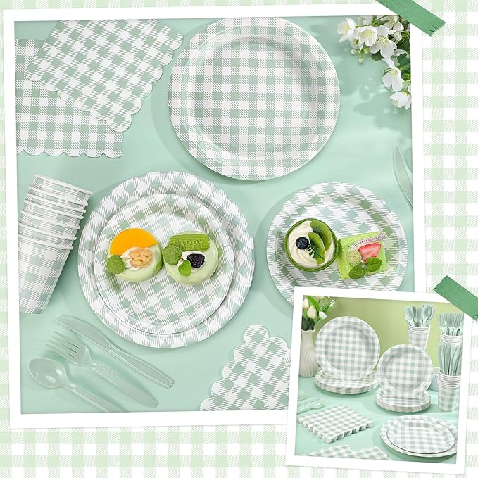 175 Pcs Gingham Paper Plates, Sage Green Baby Shower Decorations Include Sage Green Plates and Napkins Disposable Checkered Dinnerware Set for Bridal Shower, Wedding, Birthday