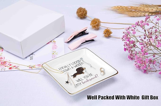 Topthink I Finally Locked Down A Weiner Will You Be My Bridesmaid – Ceramic Jewelry Holder Ring Dish Trinket Tray - Gift Maid of Honor Bachelorette Party Wedding Gifts for Besties Friends Women