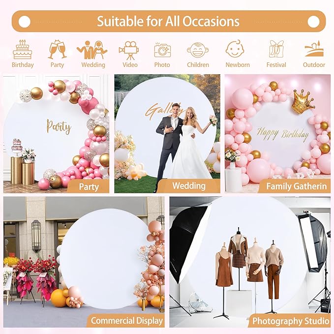Gallety 7.2FT White Round Backdrop Cover with Size Adjuster & 4 Metal Clips, Universal Fit for 5ft-7.2ft Circle Stand, Polyester Fabric Arch Cover for Wedding, Birthday Party, Videos Photography Decor