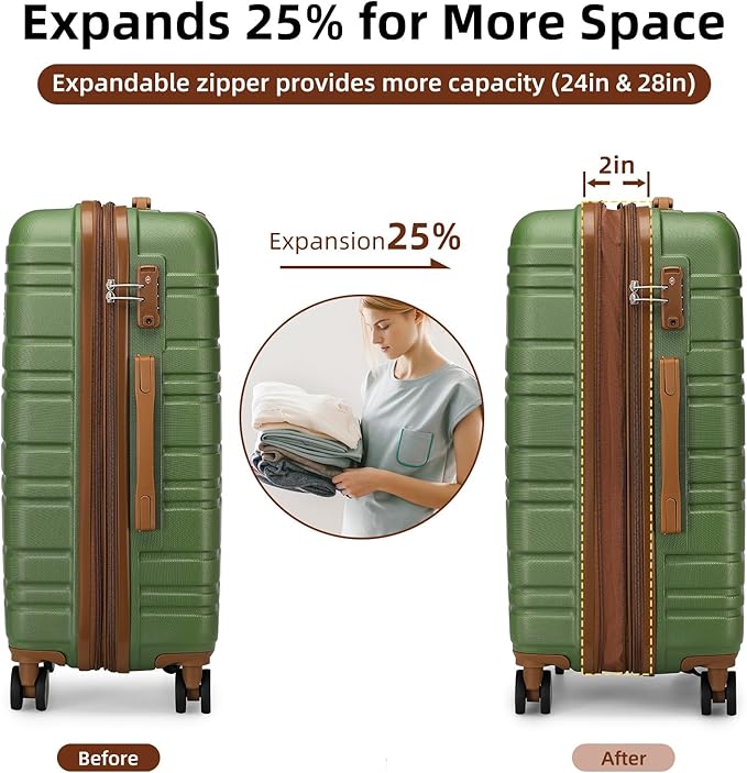 LARVENDER Luggage Sets 6 Piece, Expandable Hardside Carry on Suitcase Set with Spinner Wheels, Lightweight Rolling Luggage Sets for Women with TSA Lock, Green Brown